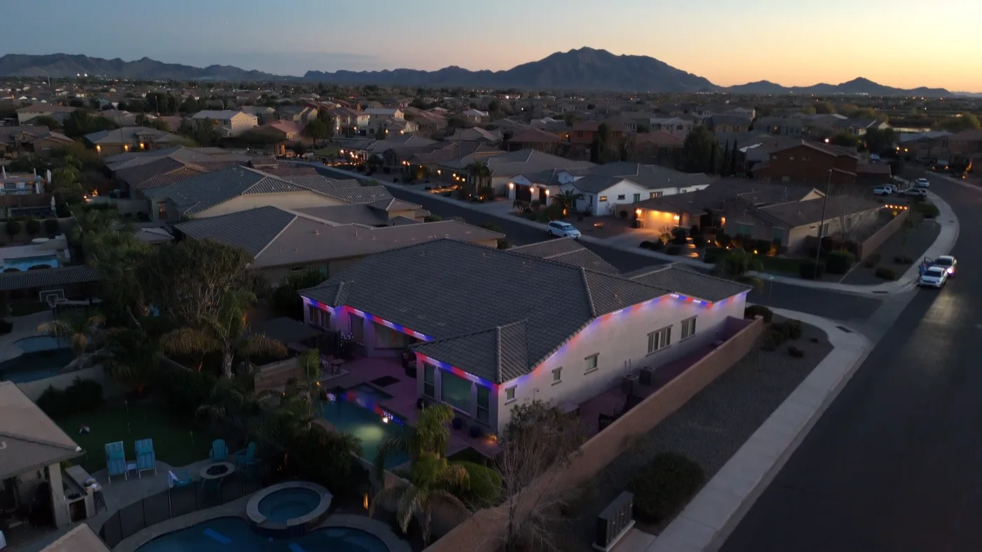 Pink and purple roofline lighting install