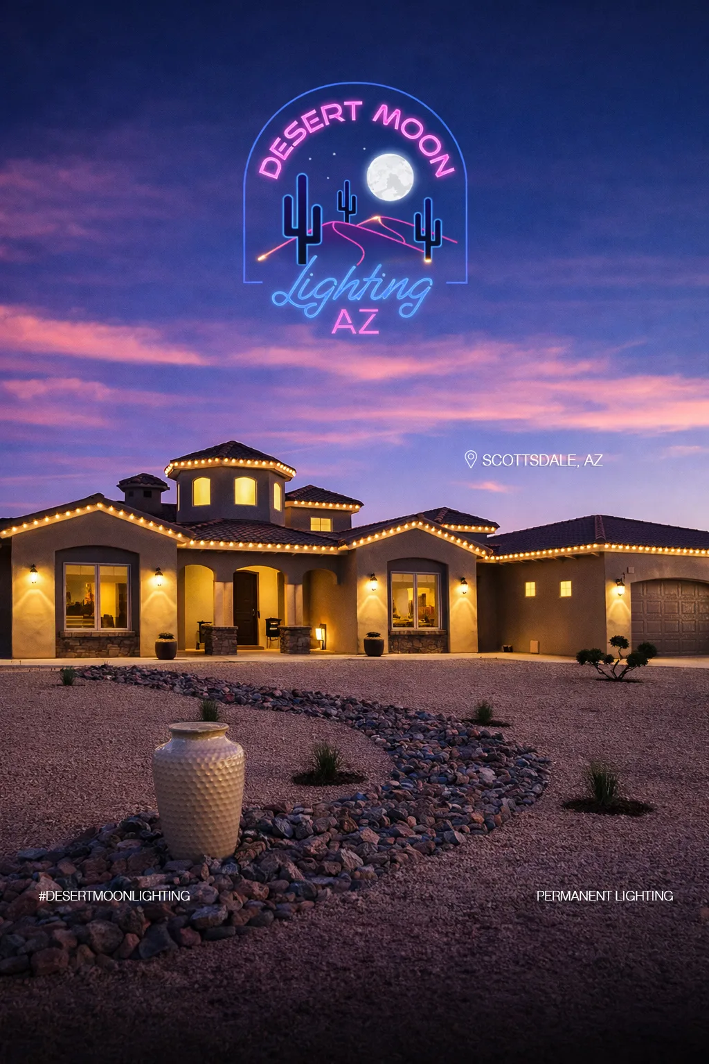 Warm white custom home roofline lighting